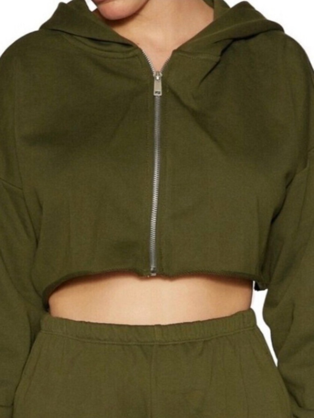 Naked Wardrobe Women’s Olive Green Cropped Zip-Up Hoodie – Size Small | NWOT